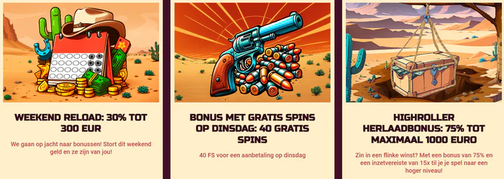 Wild Wild Casino promoties met 30% weekend reloadbonus tot €300, 40 gratis spins op dinsdag en 75% highrollerbonus tot €1.000